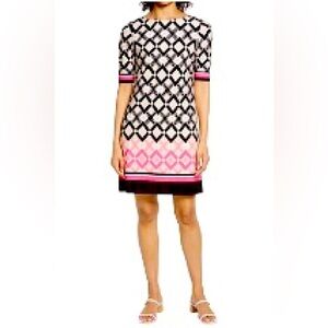 Eliza J Stretch Black, Pink white  Diamond Print Shift Dress Size 10
